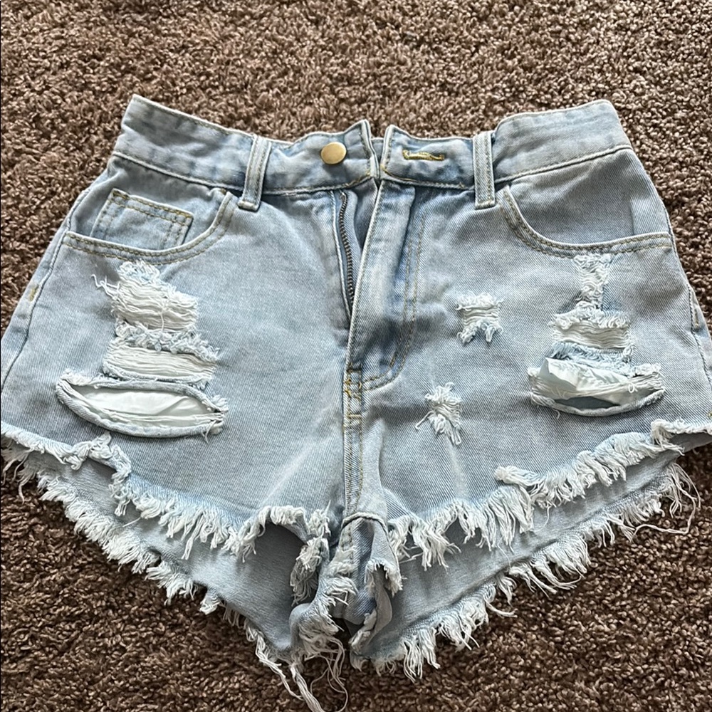 SHEIN Blue Jean Shorts with Distressed Raw Hem